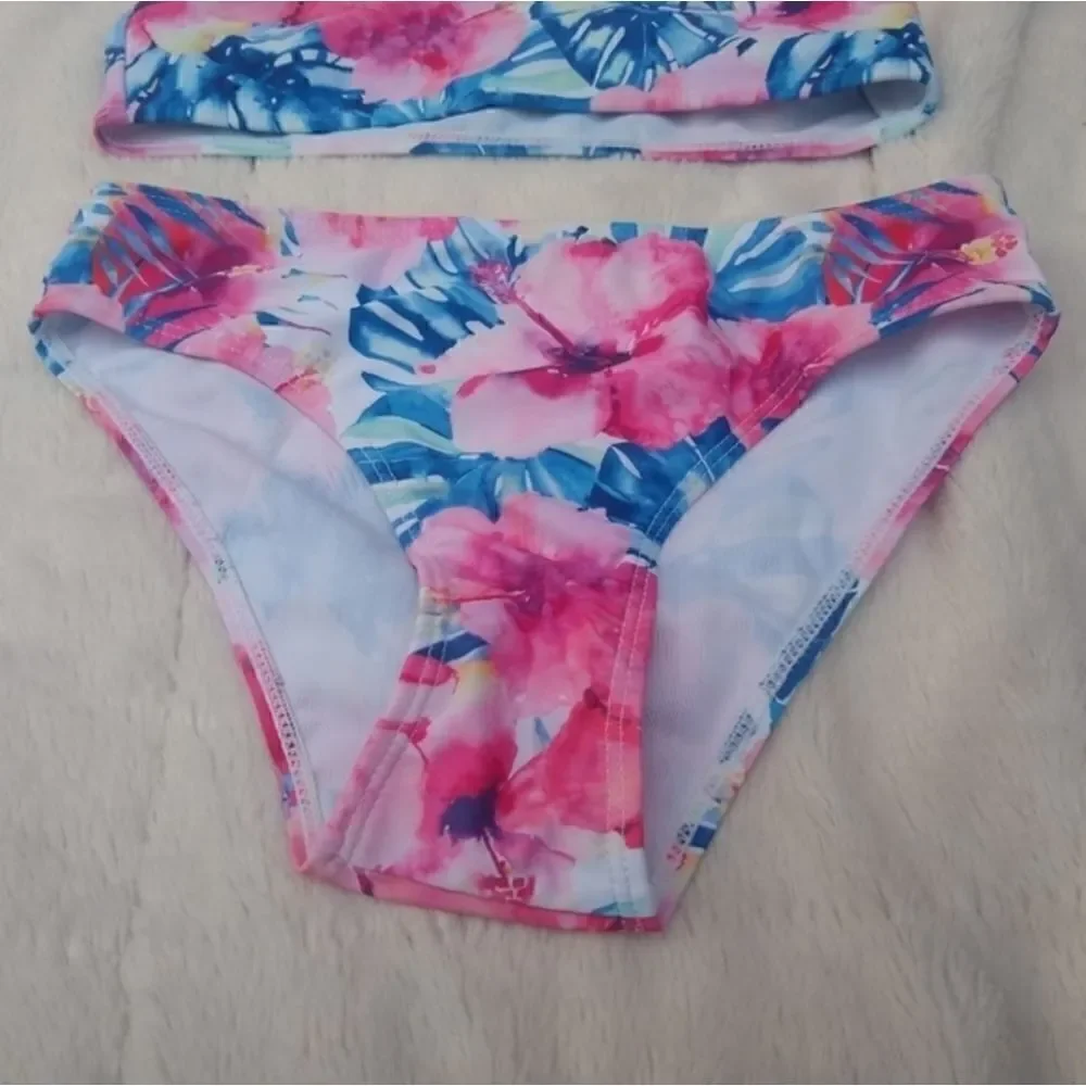 Cute girls pink white blue floral flowers x back bikini ruffles swim suit summer